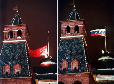 Bendera Uni Soviet digantikan bendera Rusia.